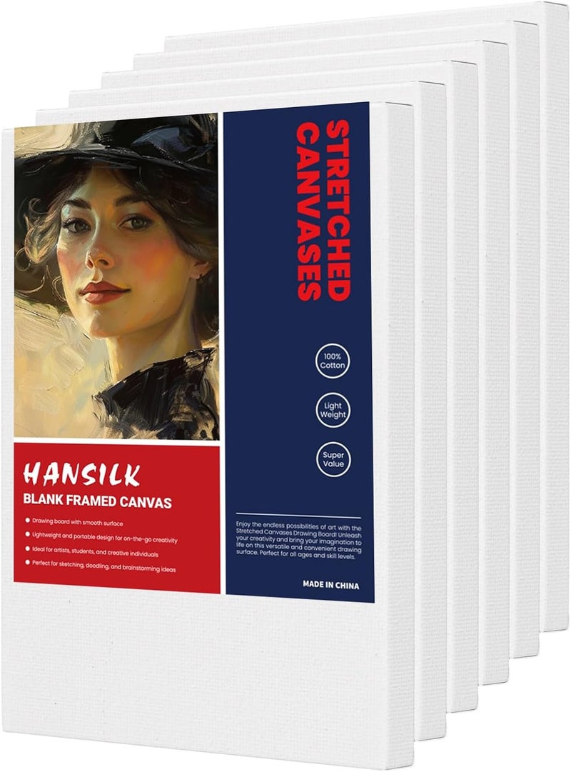 HANSILK 6PK 8x10 قماش مشدود للرسم - 100% قطن معالج ثلاث مرات لوحات قماش بيضاء للفنانين، فارغة للرسم بالأكريليك، الزيت، والألوان المائية - مستلزمات فنية احترافية - Image 1